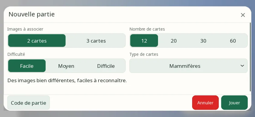 Fenêtre Nouvelle partie de Match Cards sur téléphone en paysage : les choix Images à associer, Difficulté, Nombre de cartes et Type de cartes, et le bouton Jouer.